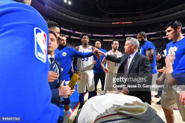 The Philadelphia 76ers huddle prior to game one of round one of the 2018 NBA Playoffs against the Miami Heat on April 14, 2018 at Wells Fargo Center...