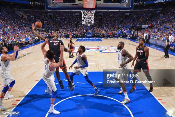 James Johnson of the Miami Heat rebounds the ball against the Philadelphia 76ers in game one of round one of the 2018 NBA Playoffs on April 14, 2018...