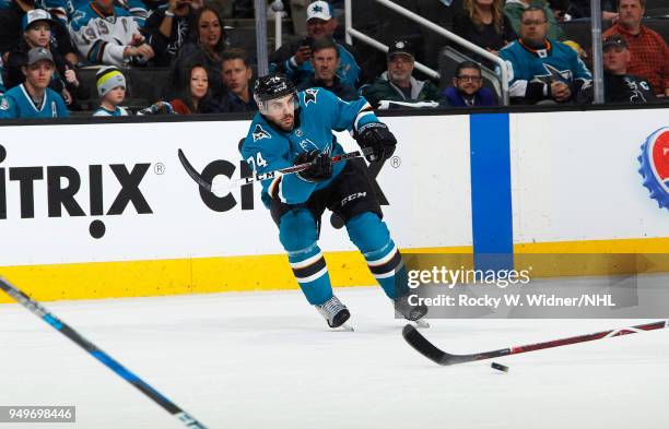 Dylan DeMelo of the San Jose Sharks skates against the Anaheim Ducks in Game Three of the Western Conference First Round during the 2018 NHL Stanley...