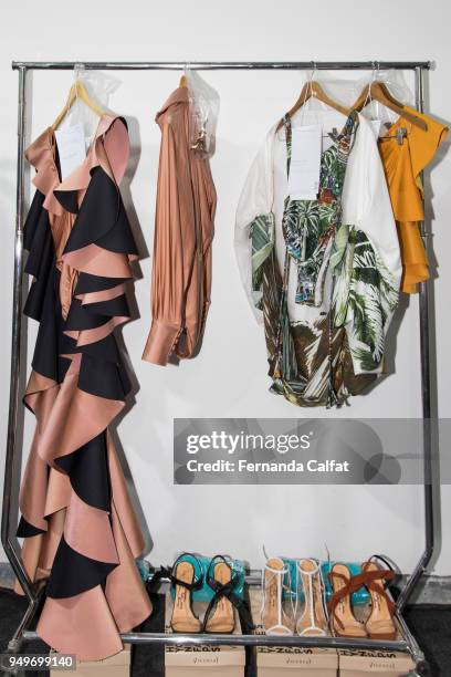 Model poses at Agua de Coco Backstage at SPFW N45 Summer 2019 at Ibirapuera's Bienal Pavilion on April 21, 2018 in Sao Paulo, Brazil.