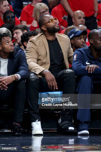 DeMarcus Cousins of the New Orleans Pelicans looks on during the game against the Portland Trail Blazers in Game Four of Round One of the 2018 NBA...
