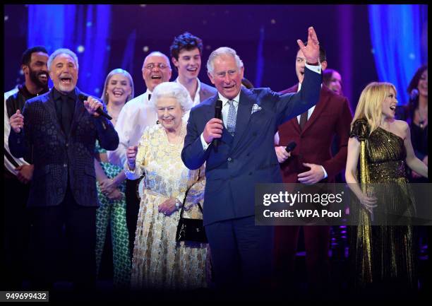 Prince Charles, Prince of Wales makes a speech for Queen Elizabeth II at a star-studded concert to celebrate the her 92nd birthday at the Royal...
