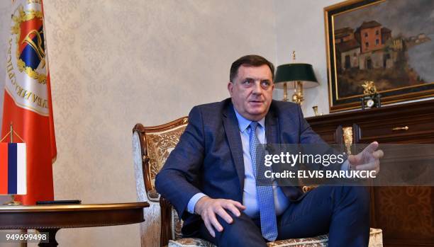 President of the Serb-run entity in Bosnia, Bosnian Serb leader Milorad Dodik answers questions during an interview with AFP in Banja Luka, on April...