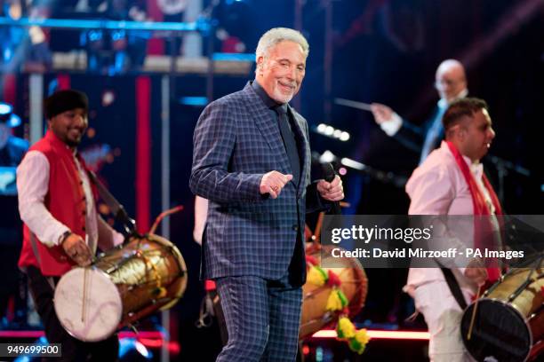 Sir Tom Jones and Ladysmith Black Mambazo performing at the Royal Albert Hall in London during a star-studded concert to celebrate the Queen's 92nd...