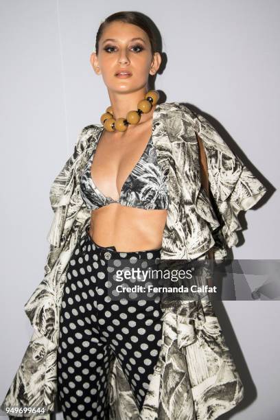 Model poses at Agua de Coco Backstage at SPFW N45 Summer 2019 at Ibirapuera's Bienal Pavilion on April 21, 2018 in Sao Paulo, Brazil.