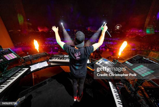 Kygo ends his set with and emotional tribute to Avicii during the 2018 Coachella Valley Music And Arts Festival at the Empire Polo Field on April 20,...