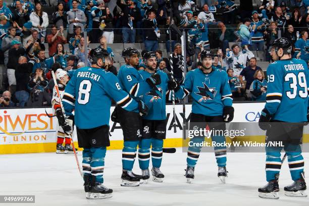 The San Jose Sharks celebrate after scoring a goal against the Anaheim Ducks in Game Three of the Western Conference First Round during the 2018 NHL...