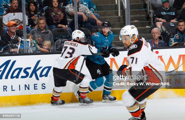 Andy Welinski of the Anaheim Ducks skates against Melker Karlsson of the San Jose Sharks in Game Three of the Western Conference First Round during...