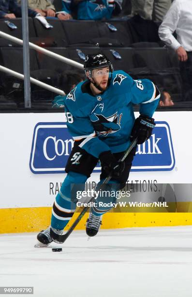 Melker Karlsson of the shark skates with the puck against the Anaheim Ducks in Game Three of the Western Conference First Round during the 2018 NHL...