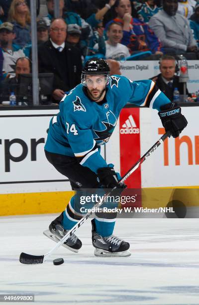 Dylan DeMelo of the shark skates with the puck against the Anaheim Ducks in Game Three of the Western Conference First Round during the 2018 NHL...