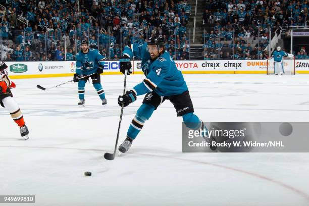Brenden Dillon of the San Jose Sharks shoots the puck against the Anaheim Ducks in Game Three of the Western Conference First Round during the 2018...