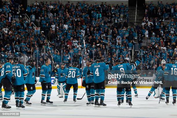 The San Jose Sharks celebrate after defeating the Anaheim Ducks in Game Three of the Western Conference First Round during the 2018 NHL Stanley Cup...