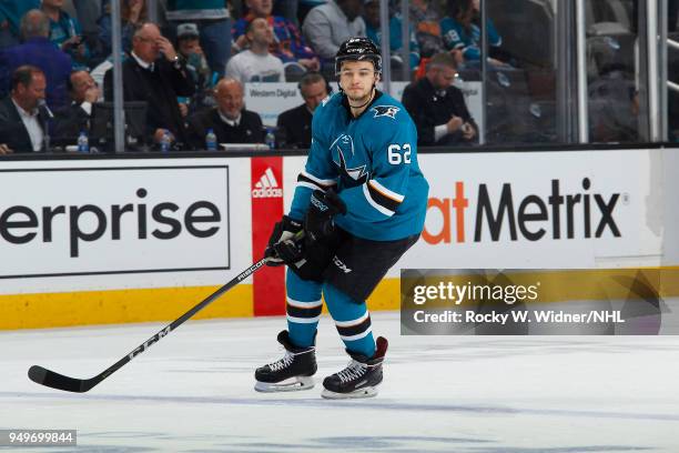 Kevin Labanc of the San Jose Sharks skates against the Anaheim Ducks in Game Three of the Western Conference First Round during the 2018 NHL Stanley...