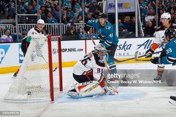 The San Jose Sharks score against John Gibson of the Anaheim Ducks in Game Three of the Western Conference First Round during the 2018 NHL Stanley...