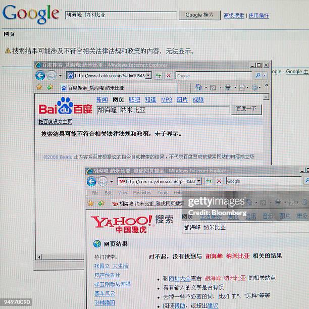 The Google Inc., Yahoo! Inc. And Baidu Inc. Web pages display messages telling users of blocked access on searches for "Hu Haifeng," Chinese...