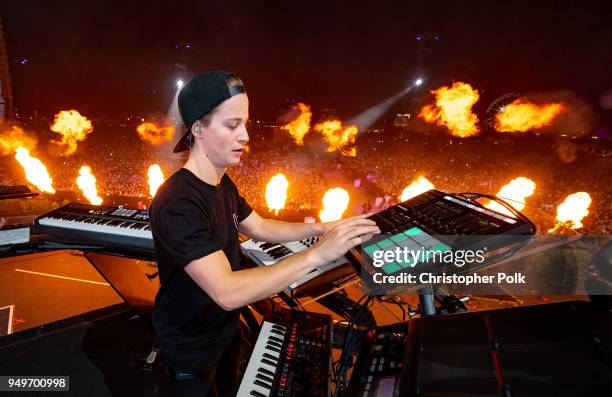 Kygo ends his set with and emotional tribute to Avicii during the 2018 Coachella Valley Music And Arts Festival at the Empire Polo Field on April 20,...