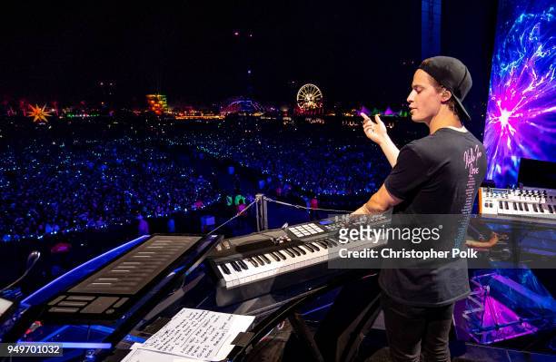 Kygo ends his set with and emotional tribute to Avicii during the 2018 Coachella Valley Music And Arts Festival at the Empire Polo Field on April 20,...