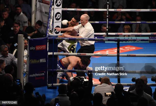 Amir Khan knocks out Phil Lo Greco during their welterweight title fight at Echo Arena on April 21, 2018 in Liverpool, England.