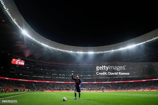 Lionel Messi of FC Barcelona acknowledges the crowd during the Spanish Copa del Rey Final match between Barcelona and Sevilla at Wanda Metropolitano...