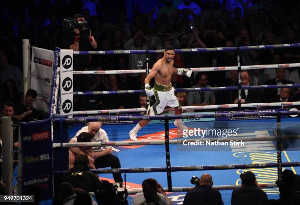 Amir Khan celebrates as he beats Phil Lo Greco during their welterweight bout title fight at Echo Arena on April 21, 2018 in Liverpool, England.