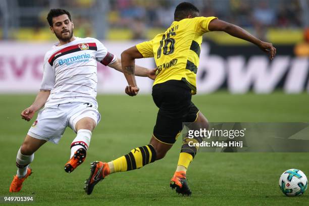 Kevin Volland of Bayer Leverkusen and Manuel Akanji of Borussia Dortmund battle for the ball during the Bundesliga match between Borussia Dortmund...