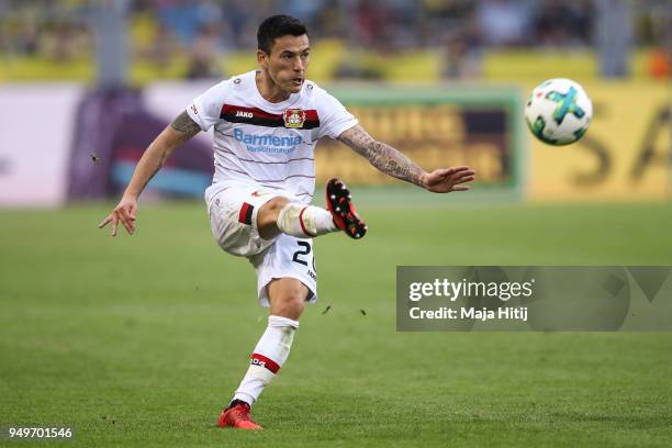 Charles Aranguiz of Bayer Leverkusen kicks the ball during the Bundesliga match between Borussia Dortmund and Bayer 04 Leverkusen at Signal Iduna...