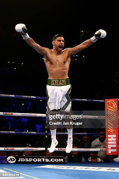 Amir Khan of England celebrates after winning his Super Welterweight bout against Phil Lo Greco of Italy at Echo Arena on April 21, 2018 in...