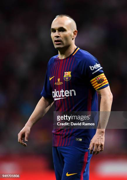 Andres Iniesta of FC Barcelona looks on during the Spanish Copa del Rey Final match between Barcelona and Sevilla at Wanda Metropolitano stadium on...
