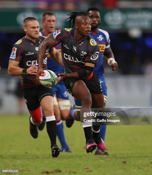 SÕbusiso Nkosi of the Cell C Sharks during the Super Rugby match between Cell C Sharks and DHL Stormers at Jonsson Kings Park on April 21, 2018 in...