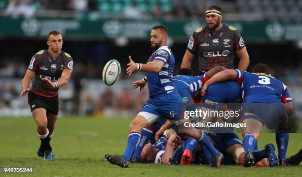 Dewaldt Duvenage of The DHL Stormers during the Super Rugby match between Cell C Sharks and DHL Stormers at Jonsson Kings Park on April 21, 2018 in...