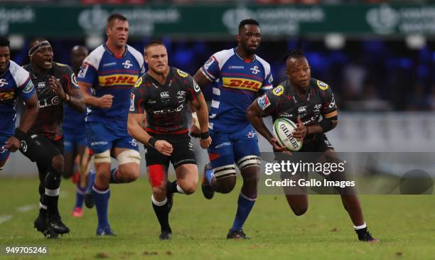 SÕbusiso Nkosi of the Cell C Sharks during the Super Rugby match between Cell C Sharks and DHL Stormers at Jonsson Kings Park on April 21, 2018 in...