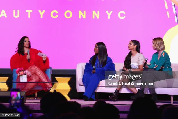 Dascha Polanco, Jackie Aina, Adrienne Bailon, and Jaime Schmidt speak on a panel during Beautycon Festival NYC 2018 - Day 1 at Jacob Javits Center on...