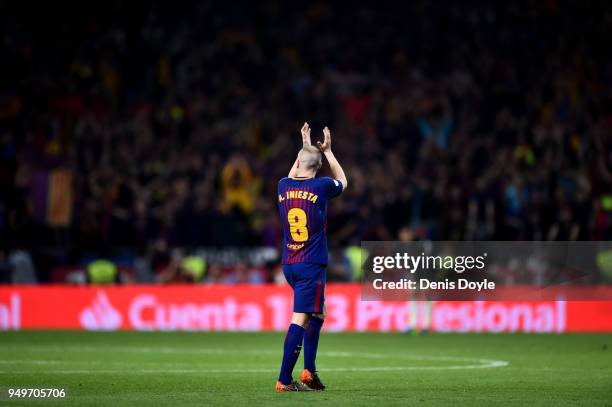 Andres Iniesta of Barcelona is subbed off in his last cup final during the Spanish Copa del Rey Final between Barcelona and Sevilla at Wanda...