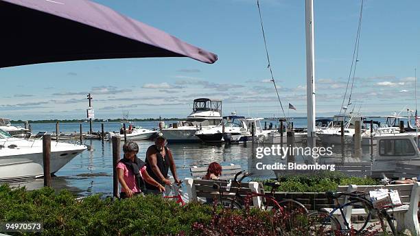 View of the marina from Kismet Inn is shown in Fire Island, New York, U.S., on July 24, 2009 . Kismet is at the western end of Fire Island, a 35-mile...