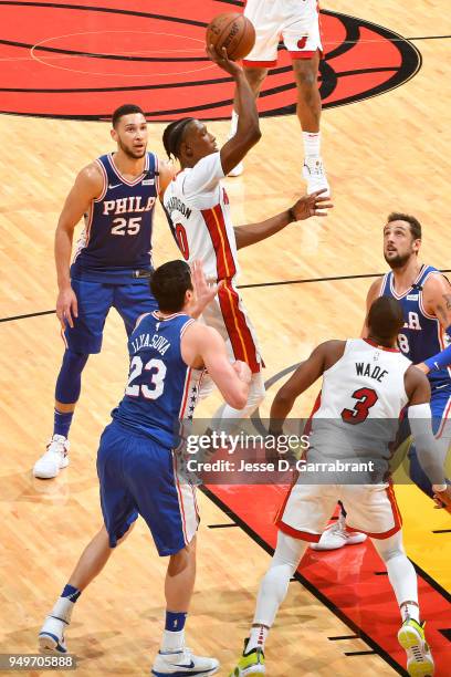 Josh Richardson of the Miami Heat shoots the ball against the Philadelphia 76ers in Game Four of Round One of the 2018 NBA Playoffs on April 21, 2018...