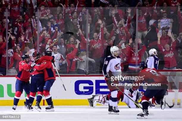 Nicklas Backstrom of the Washington Capitals celebrates after scoring the game-winning goal in overtime against the Columbus Blue Jackets in Game...