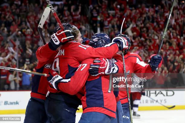 Nicklas Backstrom of the Washington Capitals celebrates after scoring the game winning goal in the fourth period to give the Capitals a 4-3 overtime...