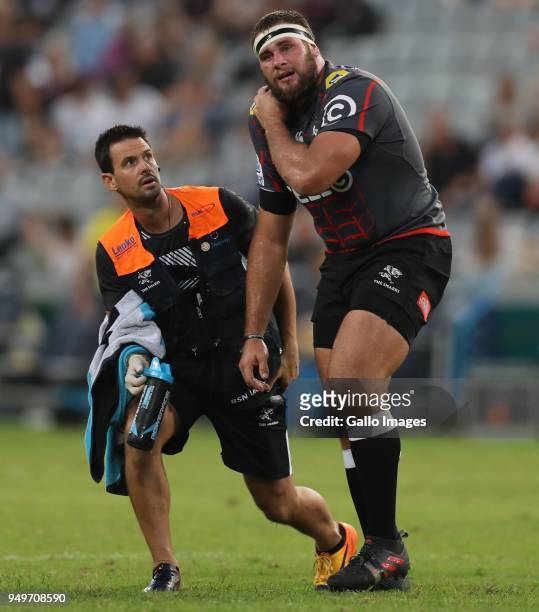 Alan Kourie of the Cell C Sharks with Thomas du Toit of the Cell C Sharks during the Super Rugby match between Cell C Sharks and DHL Stormers at...