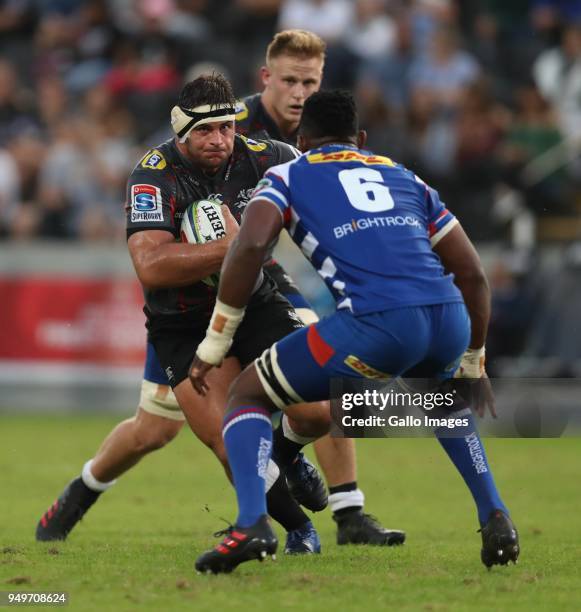 Juan Schoeman of the Cell C Sharks during the Super Rugby match between Cell C Sharks and DHL Stormers at Jonsson Kings Park on April 21, 2018 in...