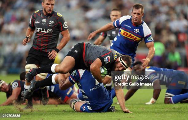 Pieter-Steph du Toit of The DHL Stormers tackling Thomas du Toit of the Cell C Sharks during the Super Rugby match between Cell C Sharks and DHL...