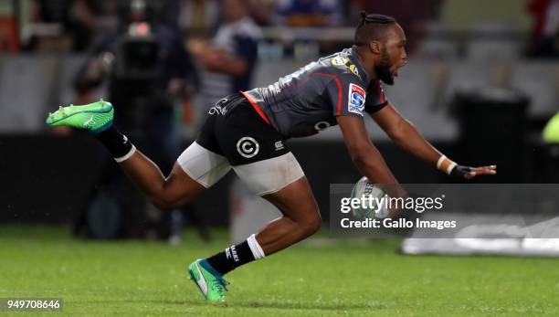 Lukhanyo Am of the Cell C Sharks during the Super Rugby match between Cell C Sharks and DHL Stormers at Jonsson Kings Park on April 21, 2018 in...