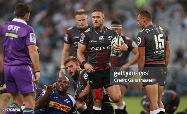 Cameron Wright of the Cell C Sharks during the Super Rugby match between Cell C Sharks and DHL Stormers at Jonsson Kings Park on April 21, 2018 in...