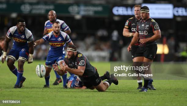 Thomas du Toit of the Cell C Sharks with a dive pass during the Super Rugby match between Cell C Sharks and DHL Stormers at Jonsson Kings Park on...