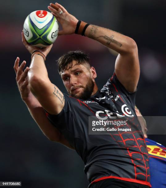 Ruan Botha of the Cell C Sharks during the Super Rugby match between Cell C Sharks and DHL Stormers at Jonsson Kings Park on April 21, 2018 in...