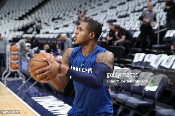 Marcus Georges-Hunt of the Minnesota Timberwolves shoots the ball before the game against the Houston Rockets in Game Three of Round One of the 2018...