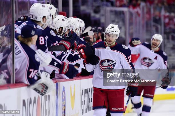 Oliver Bjorkstrand of the Columbus Blue Jackets celebrates after scoring a third period goal against the Washington Capitals in Game Five of the...