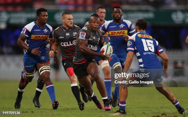 SÕbusiso Nkosi of the Cell C Sharks during the Super Rugby match between Cell C Sharks and DHL Stormers at Jonsson Kings Park on April 21, 2018 in...