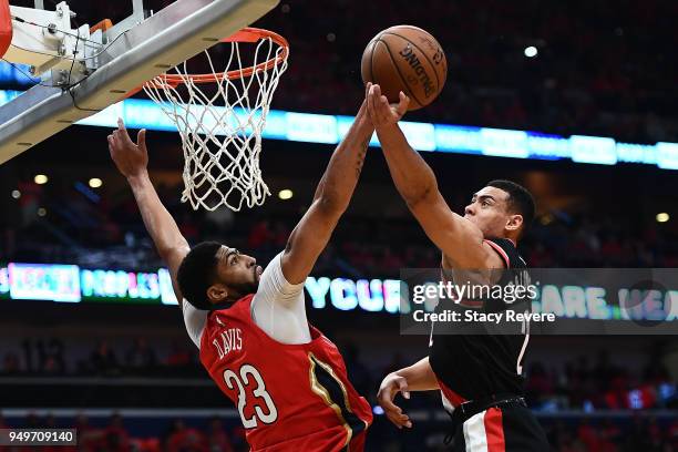 Anthony Davis of the New Orleans Pelicans blocks a shot by Wade Baldwin IV of the Portland Trail Blazers during the first half of Game Four of the...