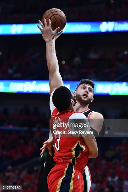 Jusuf Nurkic of the Portland Trail Blazers shoots over Anthony Davis of the New Orleans Pelicans during the first half of Game Four of the first...