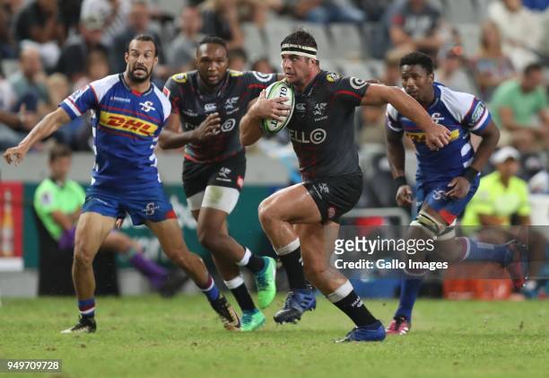 Juan Schoeman of the Cell C Sharks during the Super Rugby match between Cell C Sharks and DHL Stormers at Jonsson Kings Park on April 21, 2018 in...
